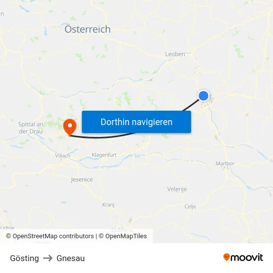 Gösting to Gnesau map