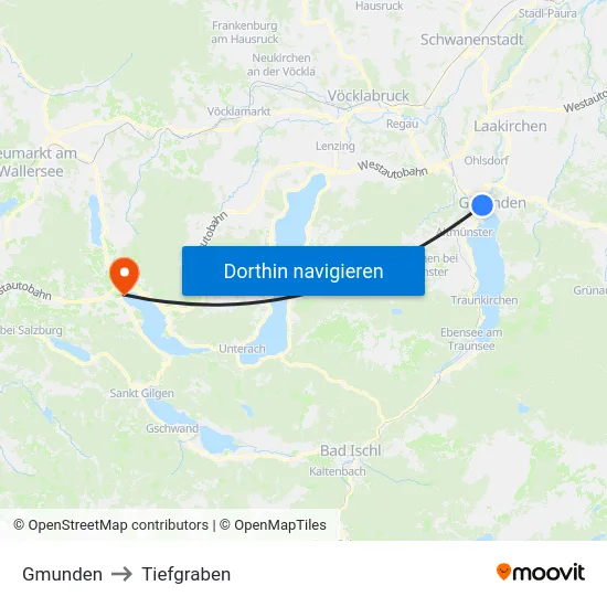 Gmunden to Tiefgraben map