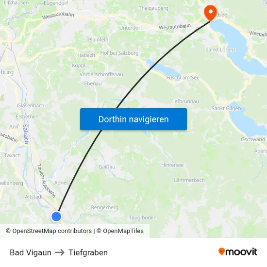 Bad Vigaun to Tiefgraben map