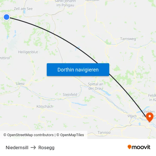 Niedernsill to Rosegg map