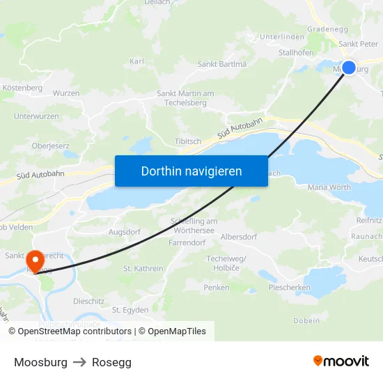 Moosburg to Rosegg map
