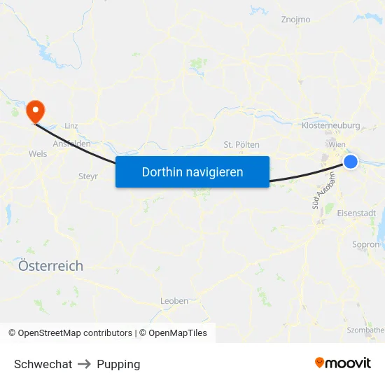 Schwechat to Pupping map