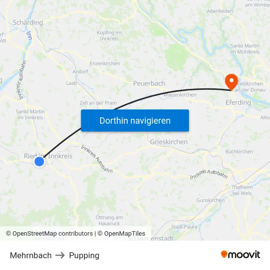 Mehrnbach to Pupping map