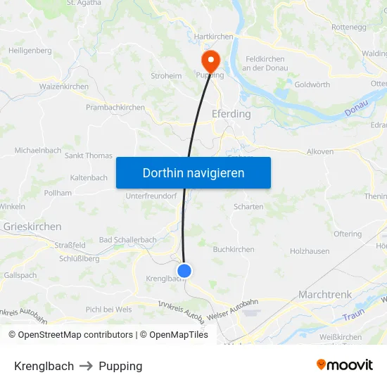 Krenglbach to Pupping map