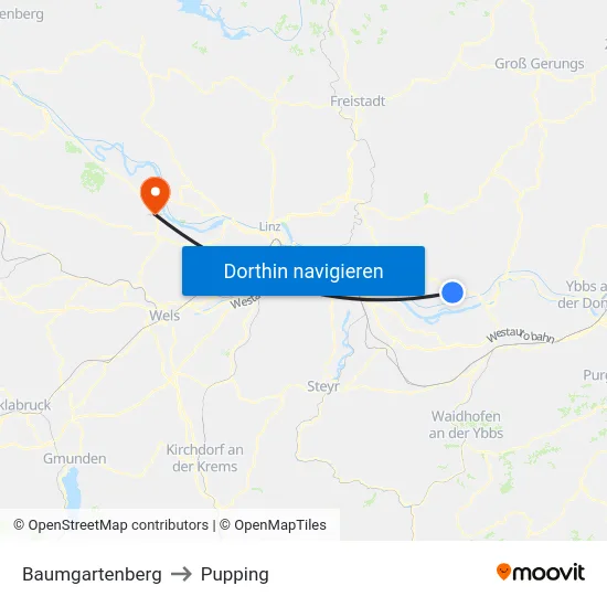 Baumgartenberg to Pupping map