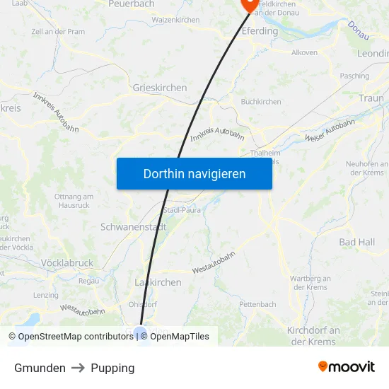Gmunden to Pupping map