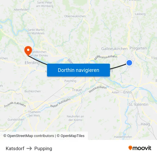 Katsdorf to Pupping map