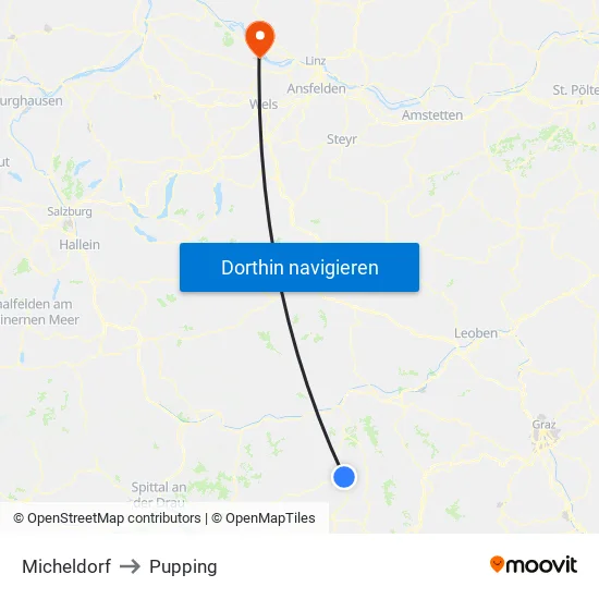 Micheldorf to Pupping map