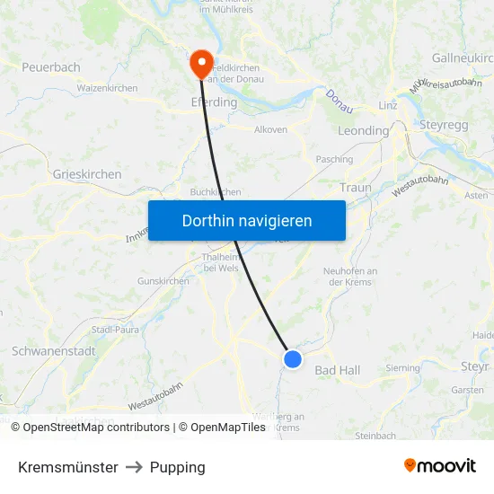 Kremsmünster to Pupping map