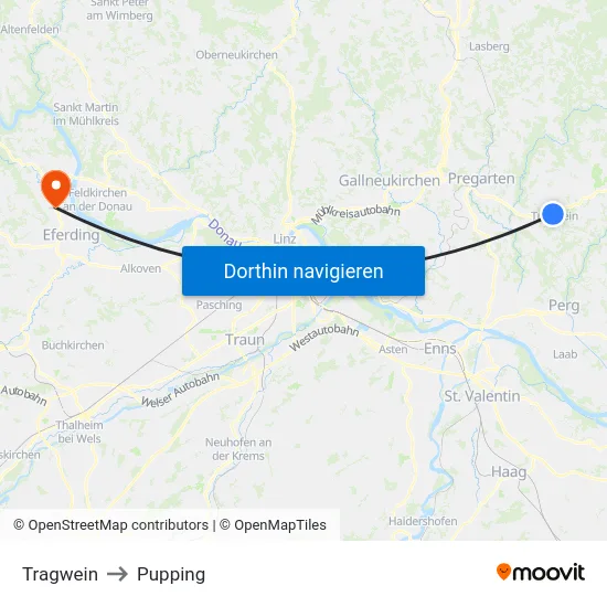 Tragwein to Pupping map