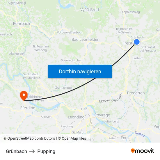 Grünbach to Pupping map