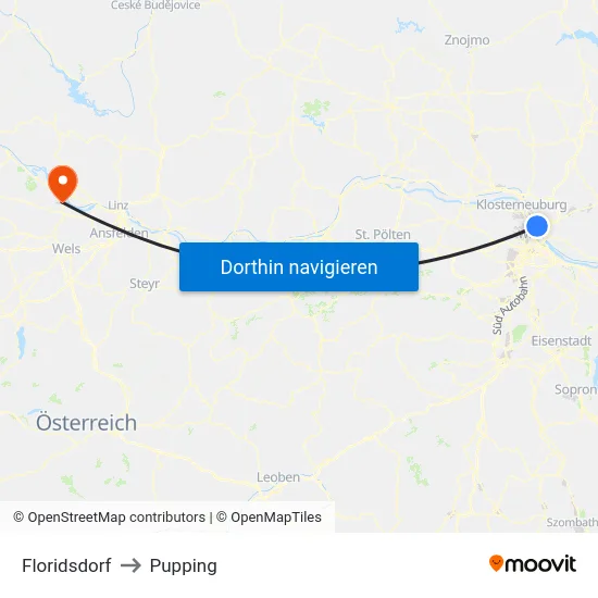 Floridsdorf to Pupping map