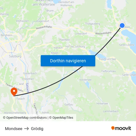 Mondsee to Grödig map