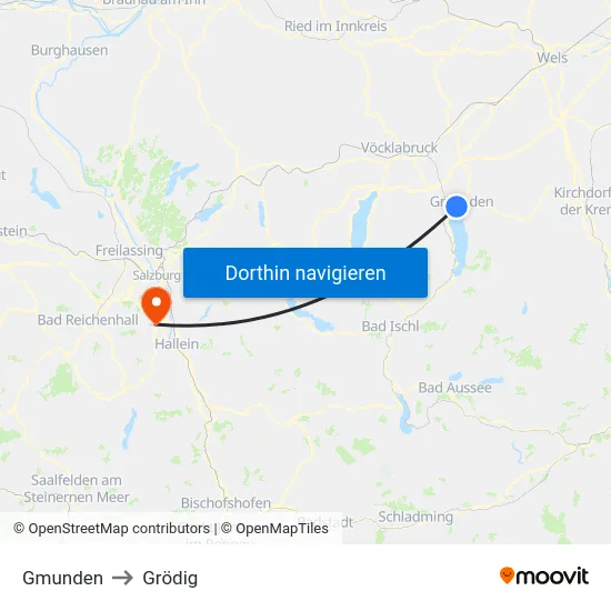 Gmunden to Grödig map