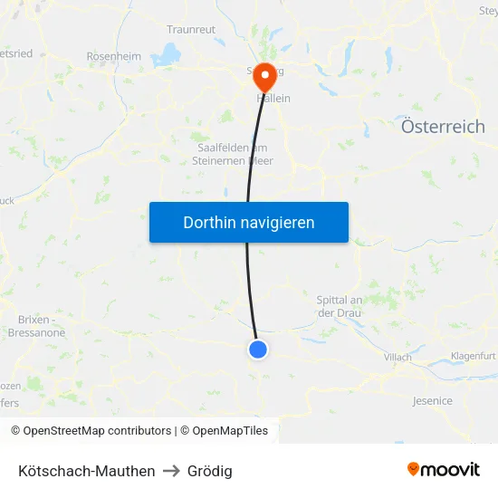 Kötschach-Mauthen to Grödig map