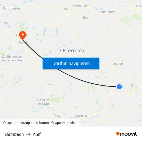 Bärnbach to Anif map