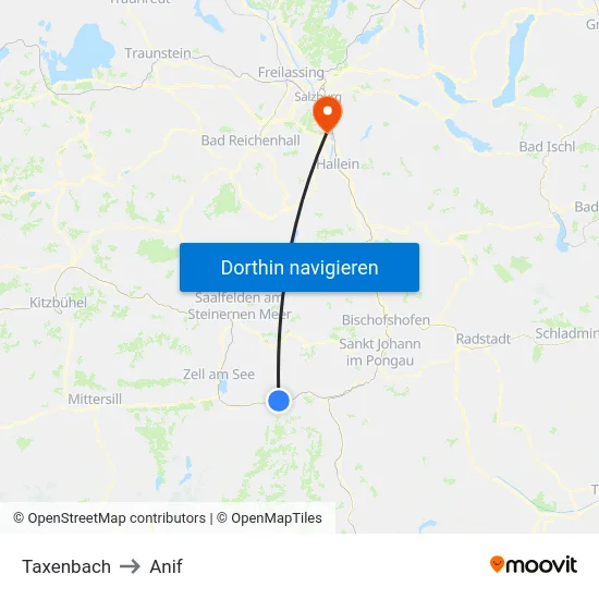 Taxenbach to Anif map