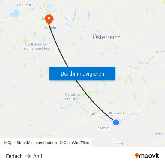 Ferlach to Anif map