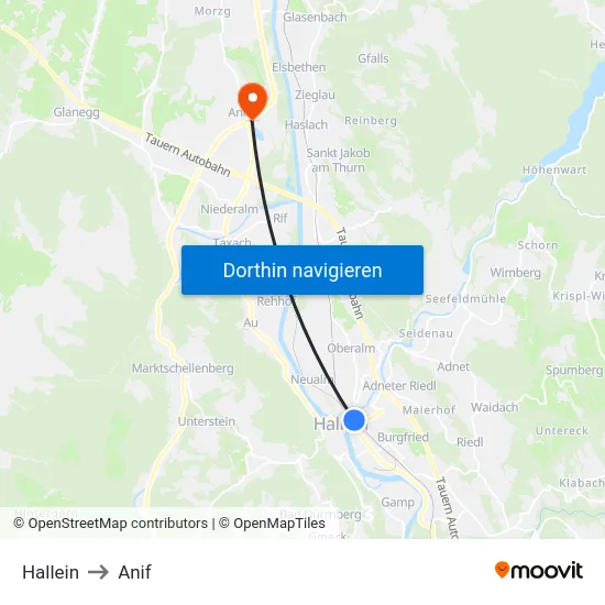 Hallein to Anif map