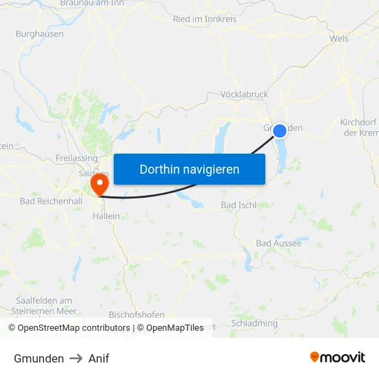 Gmunden to Anif map