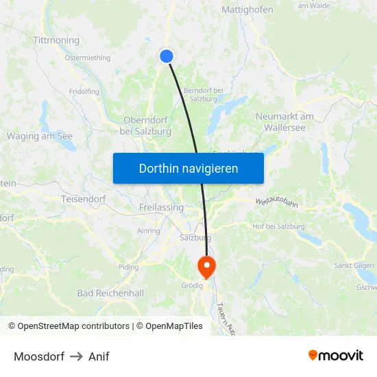 Moosdorf to Anif map