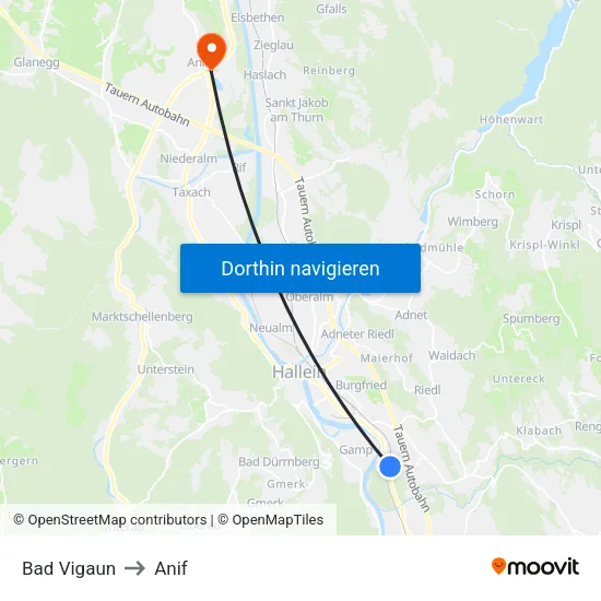 Bad Vigaun to Anif map