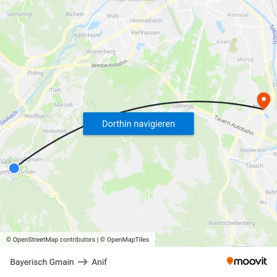 Bayerisch Gmain to Anif map