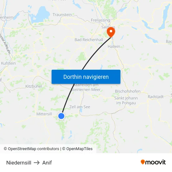 Niedernsill to Anif map