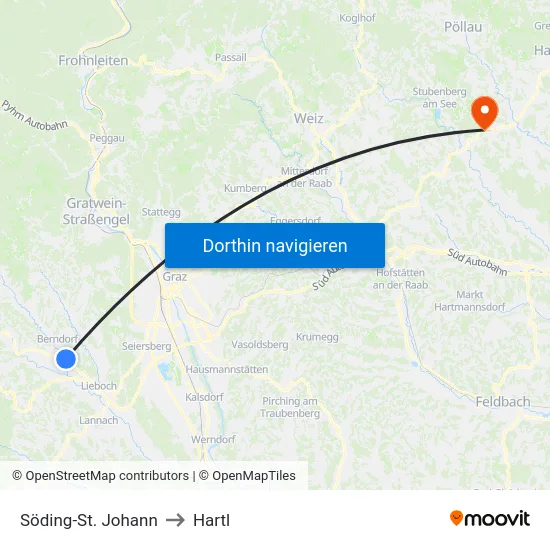 Söding-St. Johann to Hartl map