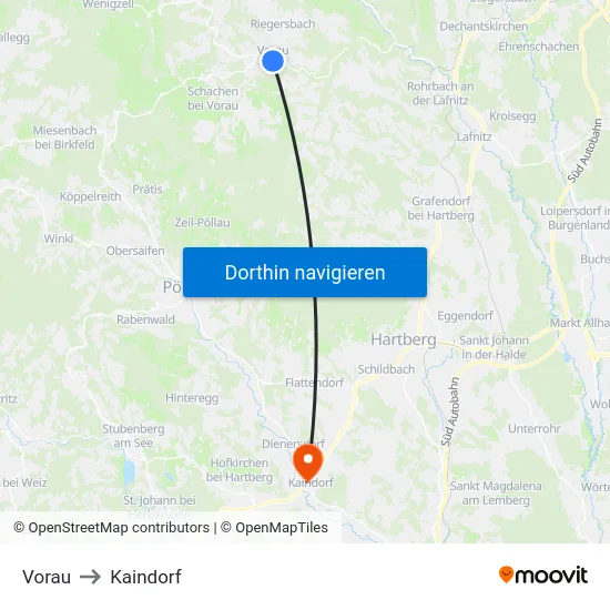 Vorau to Kaindorf map