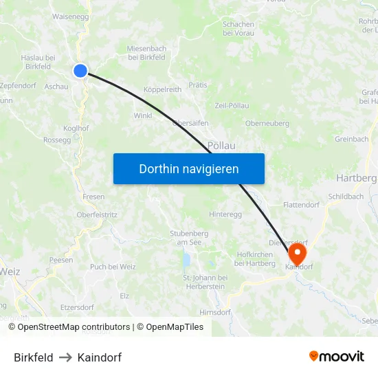 Birkfeld to Kaindorf map