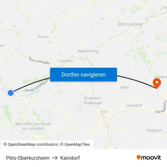 Pöls-Oberkurzheim to Kaindorf map