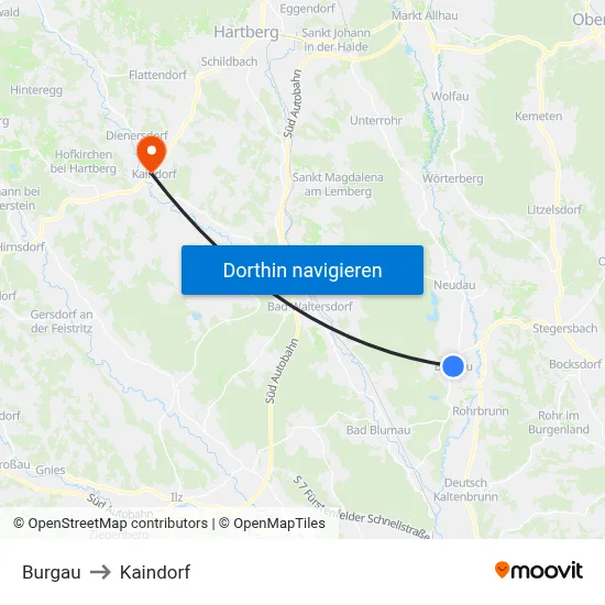 Burgau to Kaindorf map