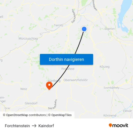 Forchtenstein to Kaindorf map