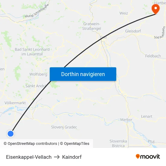 Eisenkappel-Vellach to Kaindorf map