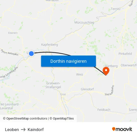 Leoben to Kaindorf map