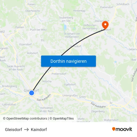 Gleisdorf to Kaindorf map