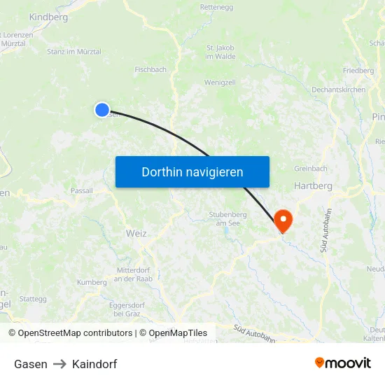 Gasen to Kaindorf map