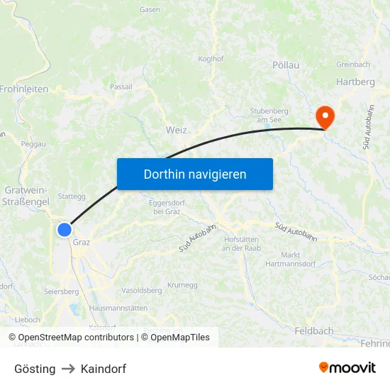 Gösting to Kaindorf map