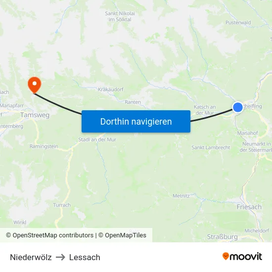Niederwölz to Lessach map