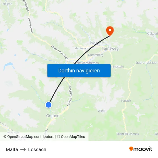 Malta to Lessach map