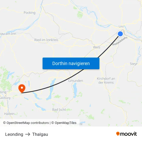 Leonding to Thalgau map