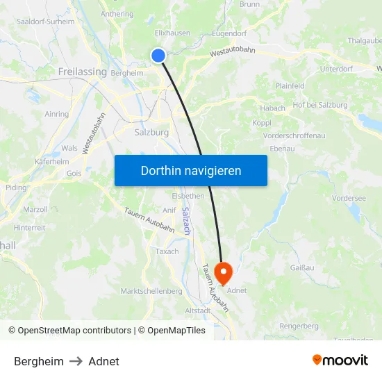 Bergheim to Adnet map