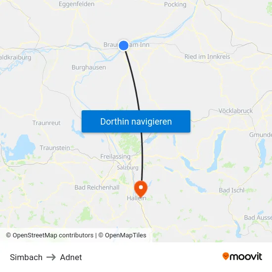 Simbach to Adnet map