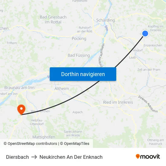 Diersbach to Neukirchen An Der Enknach map