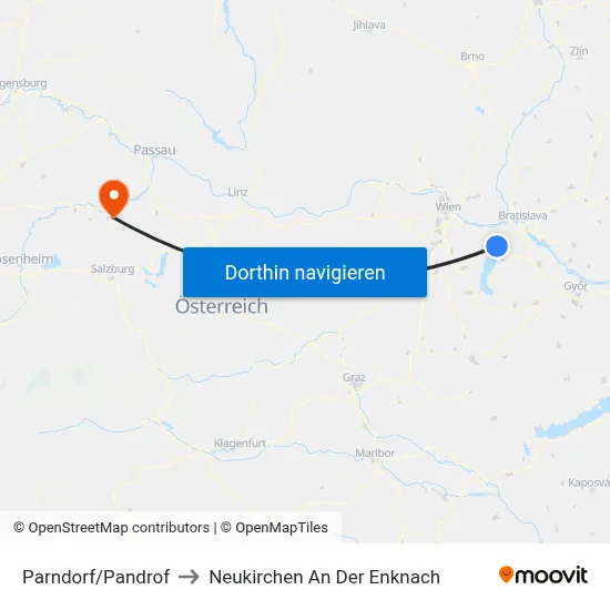 Parndorf/Pandrof to Neukirchen An Der Enknach map