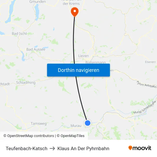 Teufenbach-Katsch to Klaus An Der Pyhrnbahn map