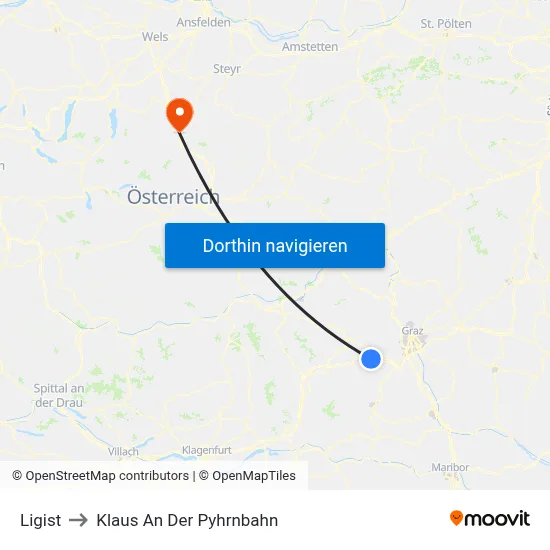 Ligist to Klaus An Der Pyhrnbahn map