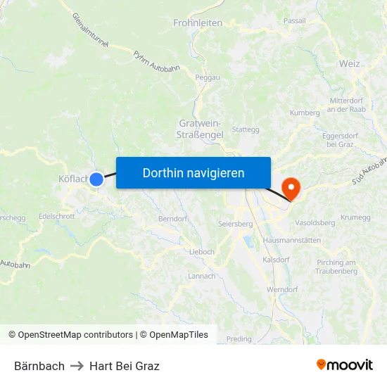 Bärnbach to Hart Bei Graz map