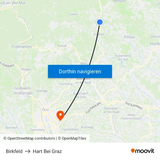 Birkfeld to Hart Bei Graz map